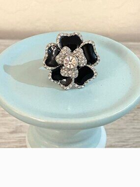 Lia Sophia Ring 7 Dahlia Flower Black Enamel Crystals Statement